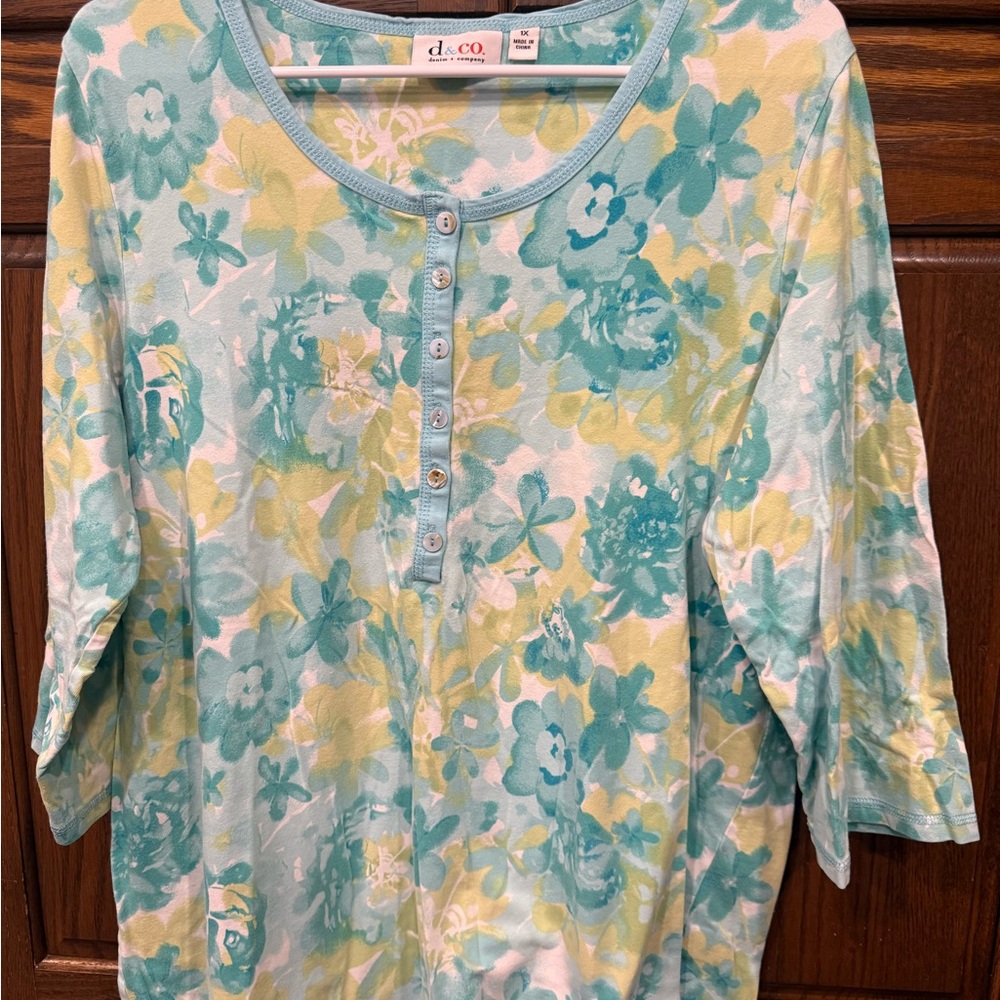 Denim & Co Top Blouse 1X Knit Henley Floral Teal Yellow Button